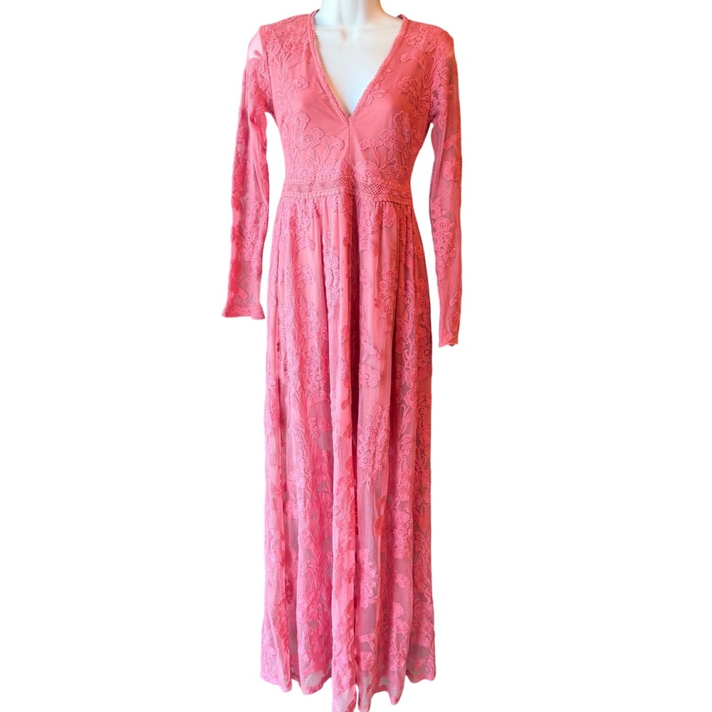 FATE Floral Lace Maxi Dress Sz Small Pink Long Sleeve Deep V Neck Romantic NWT